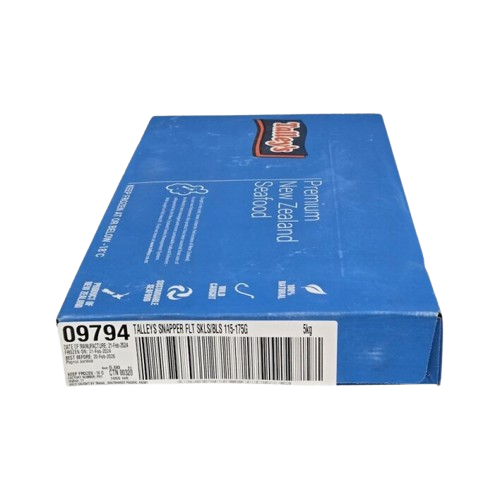 A carton of New Zealand Snapper Fillets Skinless, 5kg, with product information and branding visible on the packaging.