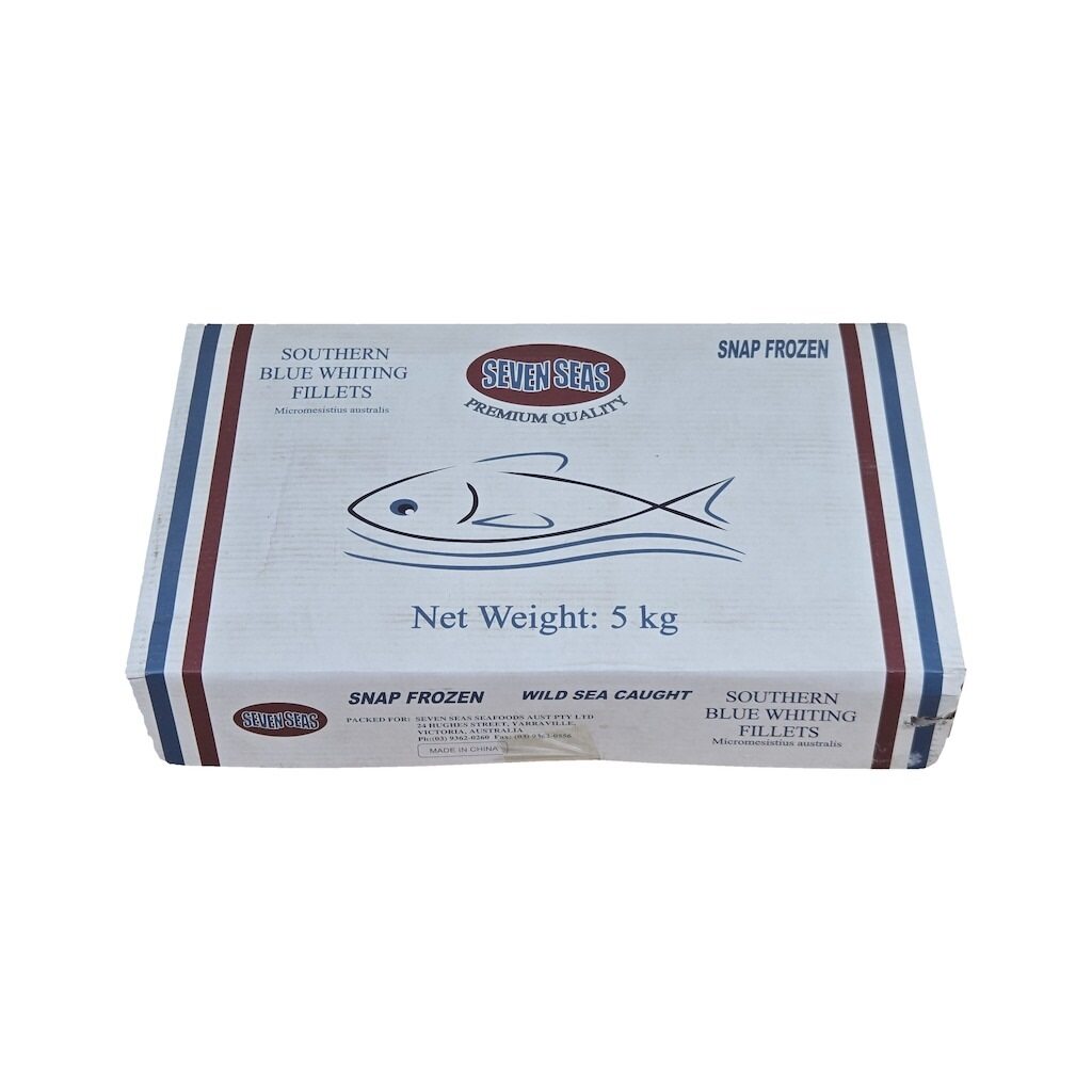 Box of Seven Seas Southern Blue Whiting Fillets on a white background