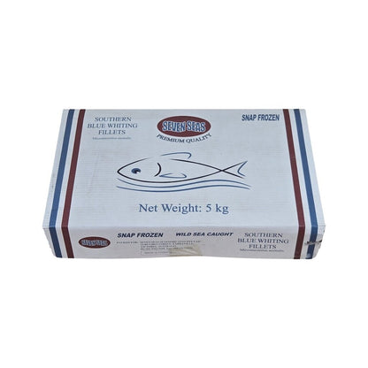 Box of Seven Seas Southern Blue Whiting Fillets on a white background