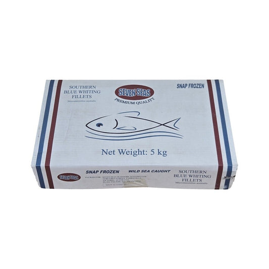 Box of Seven Seas Southern Blue Whiting Fillets on a white background