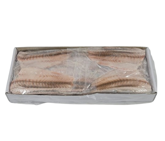Box of barramundi fish fillets on a white background