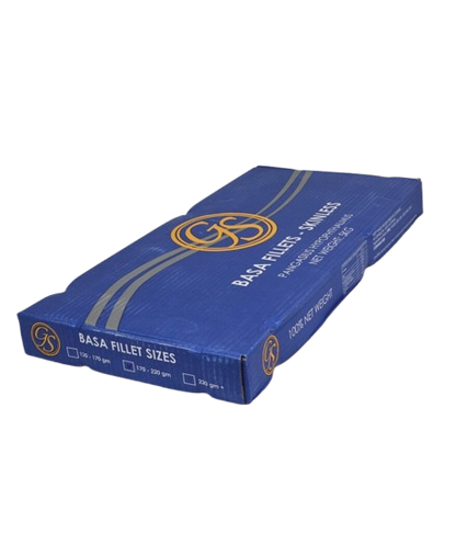Blue packaging Basa box with logo and text on a white background