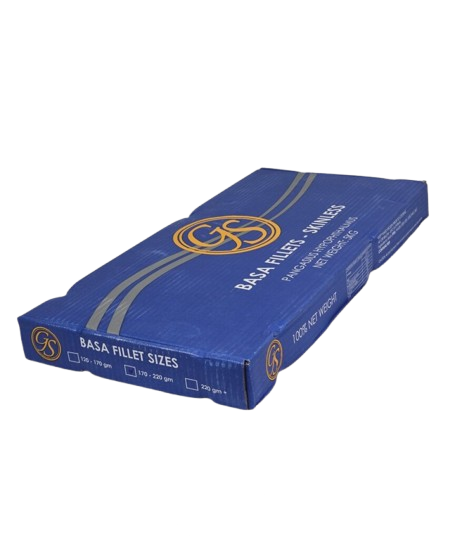 Blue packaging Basa box with logo and text on a white background