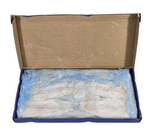 Box of Basa fillets on a white background