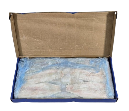 Box of Basa fillets on a white background