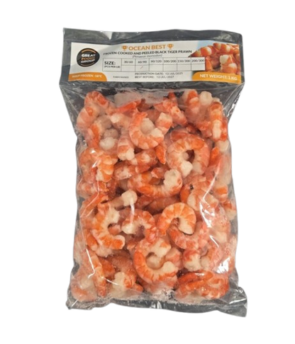 Bag of Ocean Best black tiger prawns on a white background