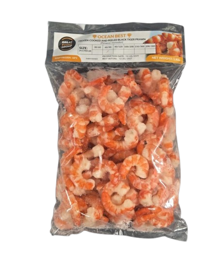 Bag of Ocean Best black tiger prawns on a white background