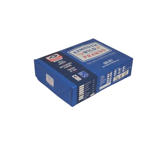 Blue box with Exmouth Wild Prawns branding on a white background