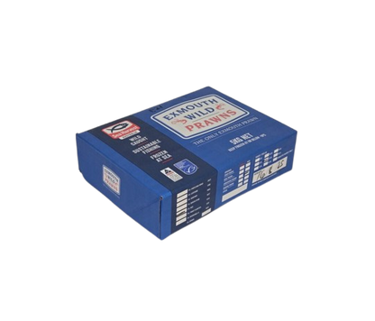 Blue box with Exmouth Wild Prawns branding on a white background