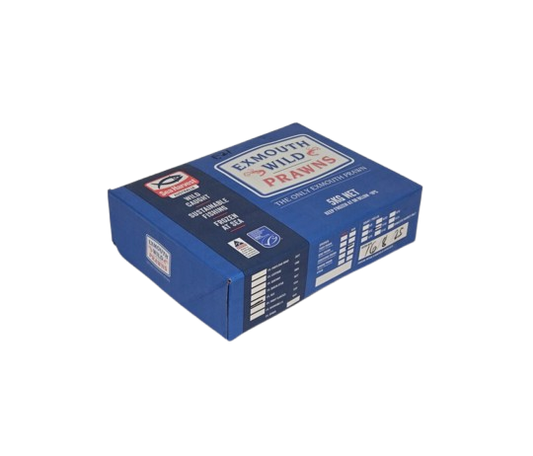 Blue box with Exmouth Wild Prawns branding on a white background