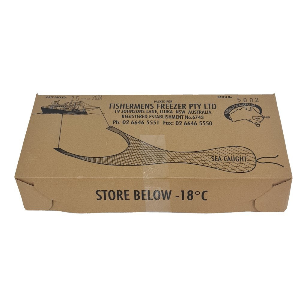 Cardboard box with fishing net design and text on a white background