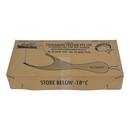 Cardboard box with fishing net design and text on a white background