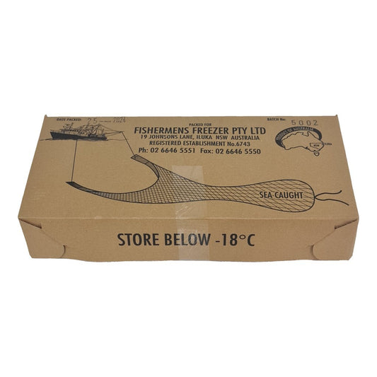 Cardboard box with fishing net design and text on a white background