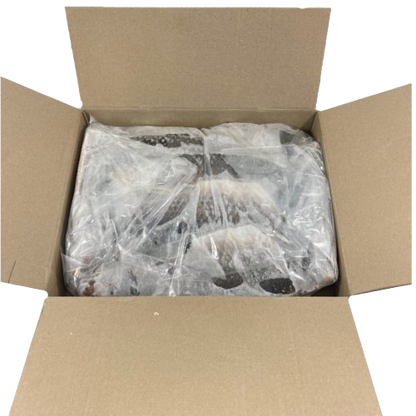 Cardboard box with a plastic-wrapped Mullet fillets inside on a white background