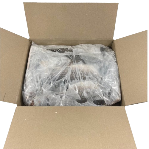 Cardboard box with a plastic-wrapped Mullet fillets inside on a white background