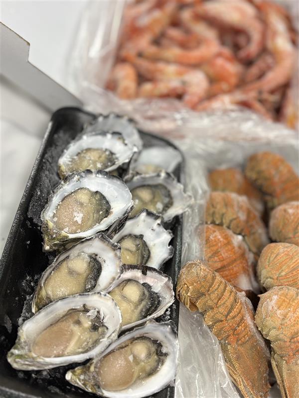 sa large oysters alongide moreton bay bugs and tiger prawns in distance