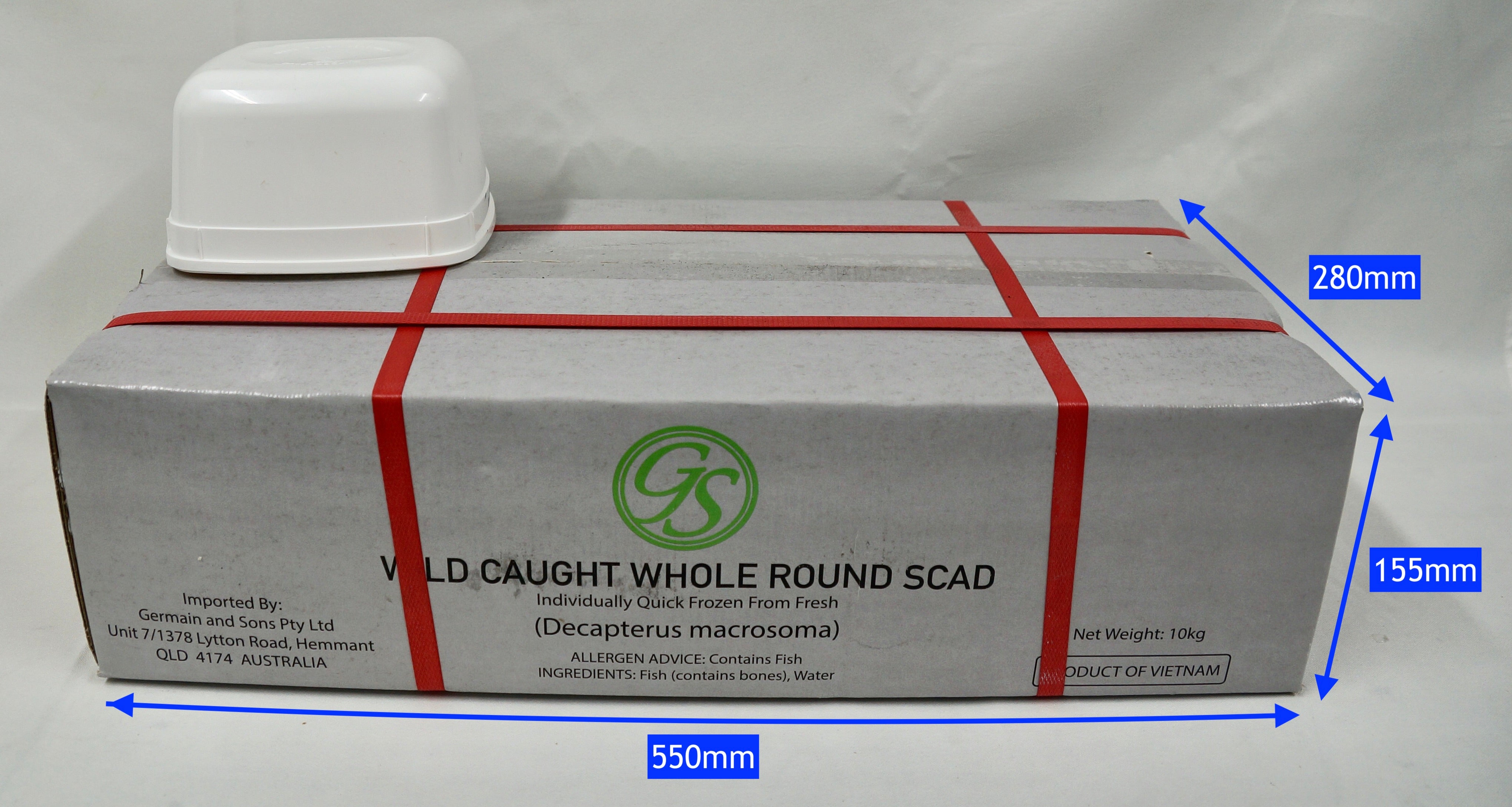 carton of whole round scad with dimensions