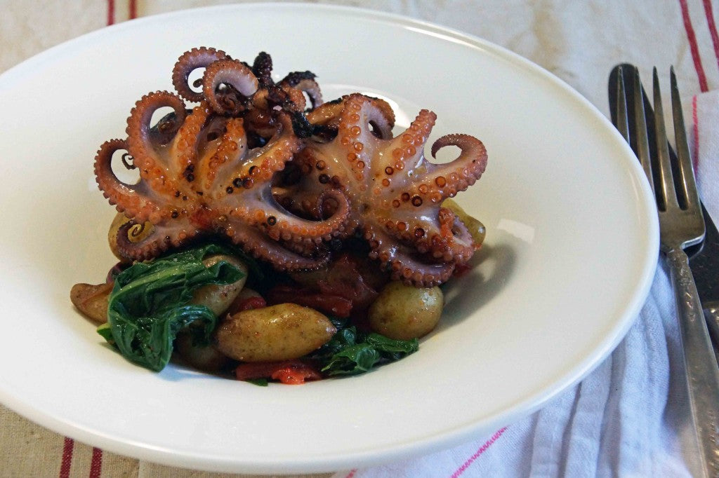 plate of grilled octopus with roasted tomatoes and potatoes 