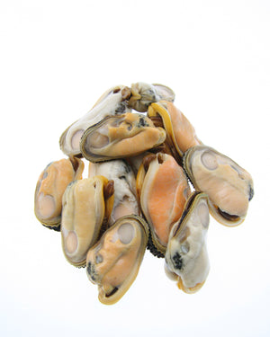 mussel meat in a pile, white background
